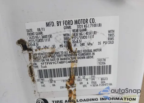 2011 Ford F-150 Lariat из США, поврежденный, VIN 1FTFW1CT4BFC48482